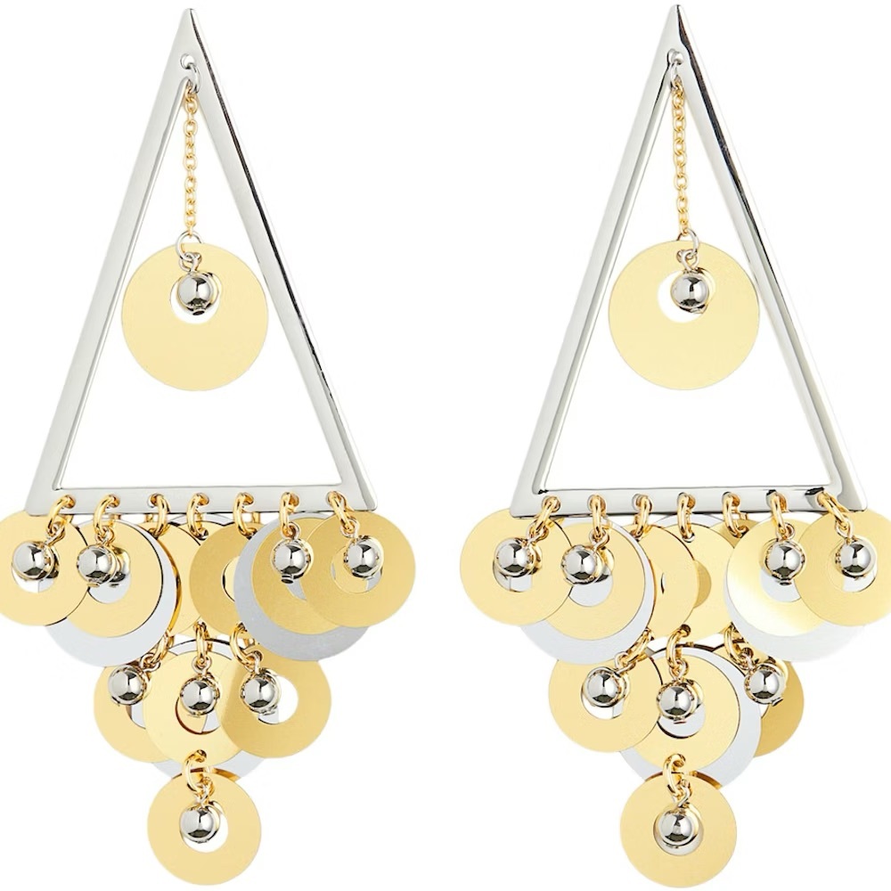 Paco Rabanne Gold and Silver Triangle Cascade Disc Drop Earrings. NEW!